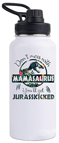 Equoza Travel Gifts – Mamasaurus Wasserflaschen, 900 ml, Edelstahl, isoliert, auslaufsicherer Deckel (weiß)