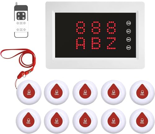 WNKRUN Rufsystem Notrufknopf für Senioren 10 Wasserdichten Ruftasten | Drahtloses Paging Anrufsystem Schwesternrufanlage mit Display Empfänger für Pflegeheim, Krankenhaus, Klinik, Infusionsraum