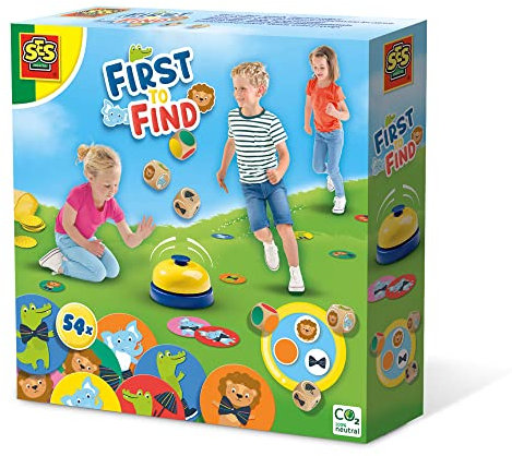 SES Creative | First to Find – Suchen, Rufen und Einsammeln | Reaktionsspiel Kinder ab 3 Jahren | Logikspiel für Kinder | Gruppenspiel mit Spielkarten, Klingel und Würfeln | Lernspiel Bewegungsspiel