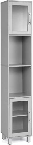 COSTWAY Bathroom Tall Cabinet, Freestanding Slim Storage Cupboard with Tempered Glass Doors, 2 Open Shelves and Adjustable Shelf, Wooden High Floor Cabinet for Living Room Kitchen Hallway (Grey)