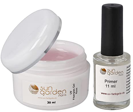 Sun Garden Nails UV Fiberglas Gel Rose Klar 30ml inkl. Primer Haftvermittler 11ml Nail Set für UV Gele