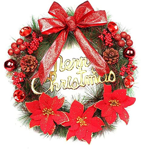 PAIKOE Christmas Wreaths for Front Door, 40 cm Christmas Door Wreath Winter Artificial Christmas Garland Decoration with Bow Flowers Ball for Indoor Outdoor Christmas Decoration (Red)