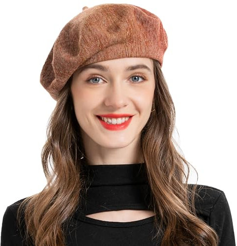 ZLYC Damen Winter Baskenmutze Klassische Barett Drucken Weich Warm Französische Mütze(Farbverlauf Braun)
