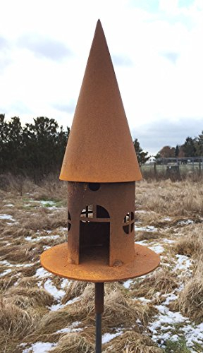 Vogelhaus H43cm + Stab Gartenstecker Futterhaus zum Beleuchten Windlicht Teelicht Futterhaus Edelrost Gartendeko Metall Rost