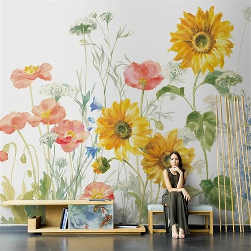 KoKoty Papier Peint Panoramique 3D Soie Tournesol fleurs dessinées à la main-250 x 200 cm-Peinture Murale 3D Tapisserie Photo Poster Tableaux Muraux Salon Chambre Bureau Couloir Mural Décoration