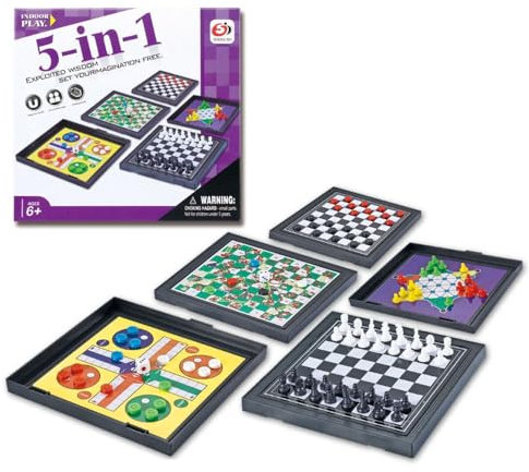 5 in 1 Chess Board Set Classic Board Games Mini Magnetic Game Portable Travel Game Board Traditional Fun Board Games Include Flying Chess Checker Snake Chess Draughts Ladders Checker for Kids Children