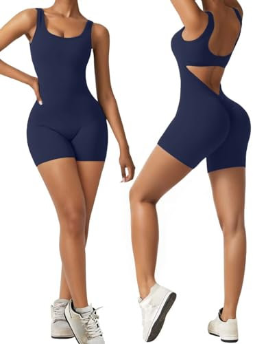 Vertvie Damen Jumpsuit Kurz Eng Scrunch Butt Bodysuit Sexy Rückenfrei Ärmellose Playsuit Stretch Sport Overall One Piece Ganzkörperanzug Romper Yoga Fitness Workout (Marine Blau,S)