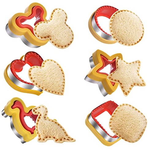 Set di 6 formine per sandwich e sigillanti per bambini, a forma di dinosauro, stella, cuore, per preparare panini, hamburger, torte, per bambini e ragazze, per il pranzo e la scatola per bambini