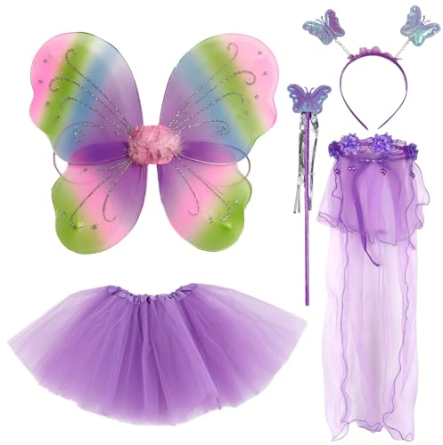 BDSHUNBF 5Pcs Fata Ragazza Vestito Principessa Farfalla Con Ali Gonna Tutù Fascia, Costume per Ragazze da Farfalla per Bambina, Capelli Angelo Vestito Principessa Viola