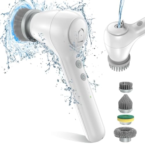 Cepillo Limpieza Hogar con Dispensador de Jabón, Cepillo de Limpieza Electrico Inalámbrico con 4 Cabezales de Cepillo, Cepillo Giratorio Limpieza con Impermeabilidad IPX7 para Cocina, Baño