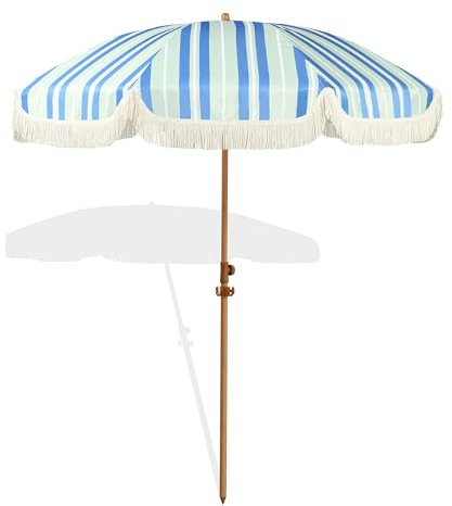 Seazul Sombrilla de patio de 6.5 pies con flecos, sombrilla de playa, sombrilla de flecos para patio al aire libre con gancho para colgar, poste de aluminio inclinable, UV 50+, varillas de fibra de