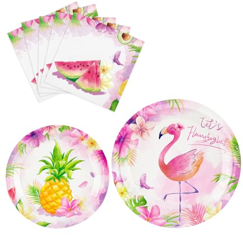 WERNNSAI Décorations D'anniversaire Flamant Rose - Assiettes Et Serviettes Hawaïennes Flamant Rose Décorations de Fête Tropicale Luau pour Enfants Filles Fournitures D'anniversaire de Piscine D'été