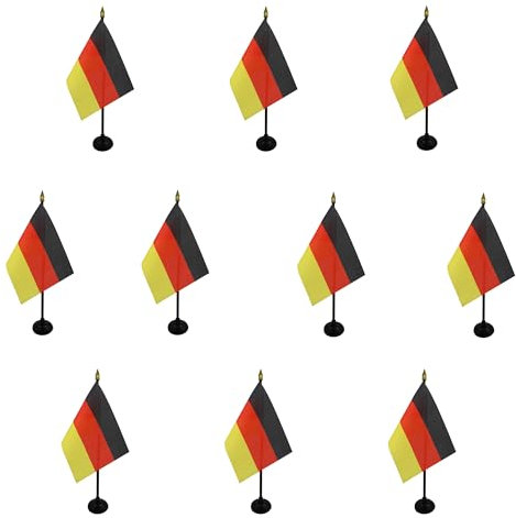 AZ FLAG - Set mit 10 Mini-Tischflaggen Deutschland – 15 x 10 cm – 10 deutsche Büroflaggen, 100% Polyester, mit Fahnenstange mit Goldstich