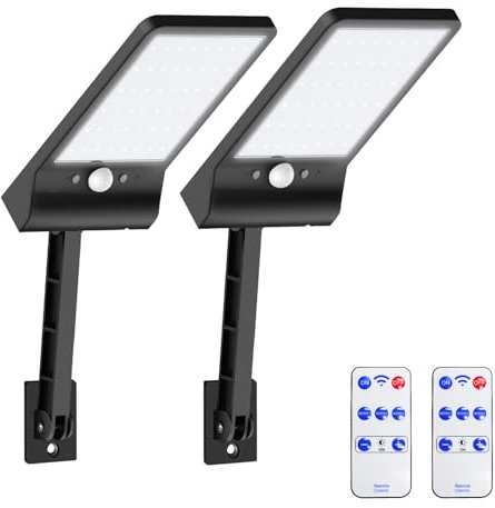 Solarlampen für Außen, Moman 2Pcs Solar LED Strahler mit Bewegungsmelder Außen 3 Modi IP65 Wasserdicht Solarleuchten mit Fernbedienung für Garten Garage, Solarlampen-Außen-Bewegungsmelder-LED-Strahler