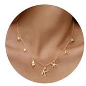 Dochais Collier avec Lettre Bubble pour Dames, Plaqué Or 14K, Pendentif Charm, Bijoux Coquillage Océan, Cadeaux Personnalisés pour Femmes et Filles