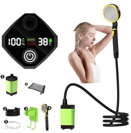 LIBRELUNE Kit Douche De Camping, Upgrade 7800 Ah Camping Douche Portable,Pompe De Douche éLectrique Rechargeable avec Un Affichage NuméRique Intelligent pour Douche de Camping en Plein air (Vert)