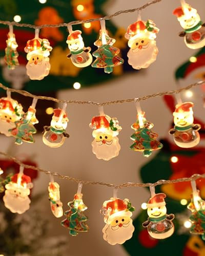 GEEKEO Guirnalda de Luces Navidad 3M 20LEDs Cadena Luces Navidad a Pilas con Papá Noel Muñeco de Nieve, Luces de Navidad Exterior Interior para Adornos Arbol Navidad,Balcon,Jardín Decoración Navidad