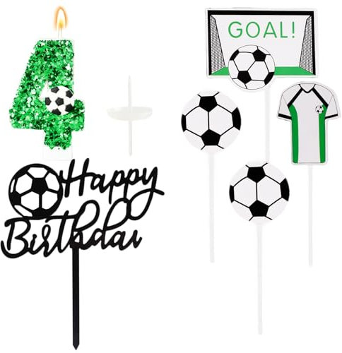 Ronoza Pailletten Geburtstagskerzen Zahlen 4 (Fußball Deko), Kerzen Geburtstag, Grüne Geburtstagskerze, Geburtstagskerzen für Torte, Kerze 4, Kerzen Zahlen (mit Tortendeko Fussball Set)
