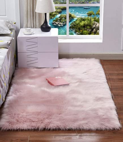 HARESLE 40x60cm Faux Fur Rug Sheepskin Pink Fluffy Small Rugs for Bedroom | 6cm long pile, Washable, Shaggy, Anti-slip, for living room, kids room, nursery, lounge