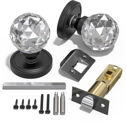 Bwintech 1 Par Pomos De Cristal Negro, 65mm Palace Style Cristal Manija De La Puerta Interior Con Kit Para Pasaje, Dormitorio, Pasillo