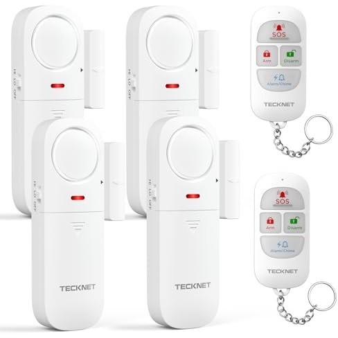 TECKNET Fensteralarm Einbruchschutz, Türalarm mit Fernbedienung, Kabellose Alarmanlage, 4 Funktionsmodi der Sirene für Haus, Geschäft, Pool und Wohnmobil (4er-Pack)