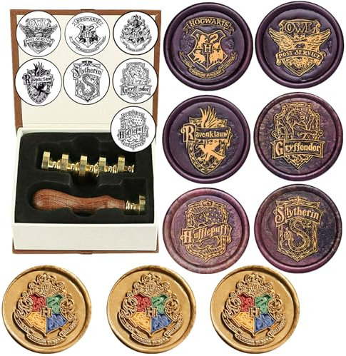 Hogwarts Siegelstempel Set, 7 Pcs Hogwarts Magische Wachssiegel Stempel Set und 1 Pcs Holzgriff, Vintage Wax Wachs Siegel Stempel Kit für Briefumschlag Postkartenetikett Hochzeitseinladung (7B)