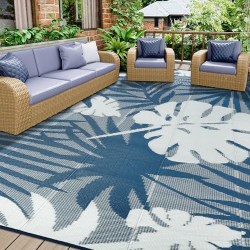Homcomodar Outdoor Teppich 245x305cm UV-beständige Camping Matte Reversible Matten Kunststoff Stroh Teppiche Recycelter Patio Teppich für BBQ Balkon Strand Deck(Blau/Grau)