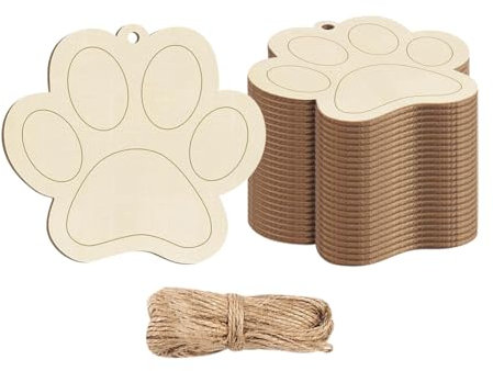 FSSTUD 24 Pcs Dog Paw Wood Cutouts Ornaments Small Wooden Cat Claws Pet Paw Shaped Cutouts Cute Unfinished Wooden Tags Christmas Tree Hanging Slices with 10m Rope for Decoration