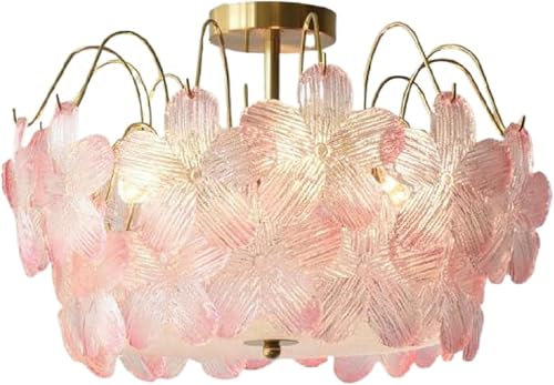 LLXDFUU Plafonnier à fleurs en verre rose/blanc Lustre à fleurs roses pour chambre de fille Lampe à suspension moderne en cristal à 6 lumières Lampe à suspension rustique en lotus Lampe suspendue de f