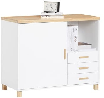 SoBuy Druckertisch Schreibtisch Unterschrank mit 3 Schubladen und 1 offenem Fach Büro Schubladenschrank Aktenschrank Druckerschrank Platzsparender Büroschrank Weiß-Natur 90x75x45cm ASK07-WN