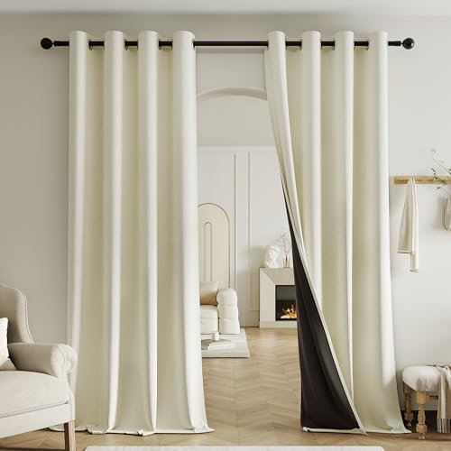 Beauoop Blackout Curtains for Living Room Beige Curtains 90 Drop Herringbone Textured Eyelet Curtain for Bedroom Thermal Insulated Noise Reducing Window Curtain Drapes 2 Panels