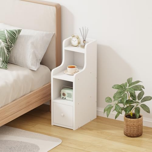 Rainbow Tree Narrow Bedside Table White with Drawer&Open Shelf, Slim Table Cabinet 20cm for Small Space, Nightstand End Side Table for Bedroom (White#2, 20Wx30Dx60H cm)