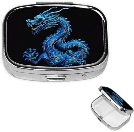 Pilulier rétro à 2 compartiments avec miroir - Motif dragon chinois - Petit pilulier décoratif en métal - Cadeau unique