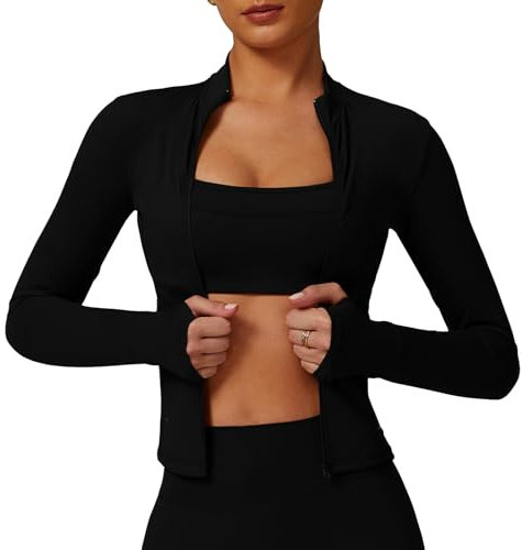 DGSHIRLDJO Sportjacke Damen Laufjacke Langarm Sportshirt mit Reißverschluss und Daumenloch Atmungsaktives Elastisches Enge Trainingsjacke (DE/NL/SE/PL, Alphanumerisch, M, Regular, Regular, Schwarz)