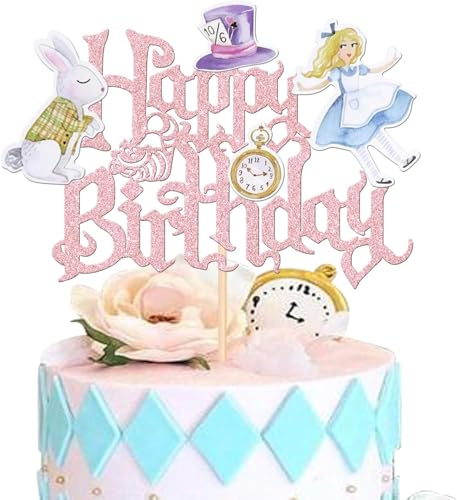 1 Stück Magische Alice Tortendeko Happy Birthday Cake Topper Glitzer Eat Me Zauberhafter Hut Hasen Uhr Fee Kuchen Deko für Magie Alice Thema Baby Dusche Geburtstag Party Kuchen Dekoration Hellrosa