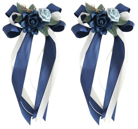 2 Pcs Wedding Car Ribbon Decoration Kit with Artificial Flowers for Car Mirror,14 Inch Wedding Car Door Handle Bows Decor Bouquet Supplies (Blue)