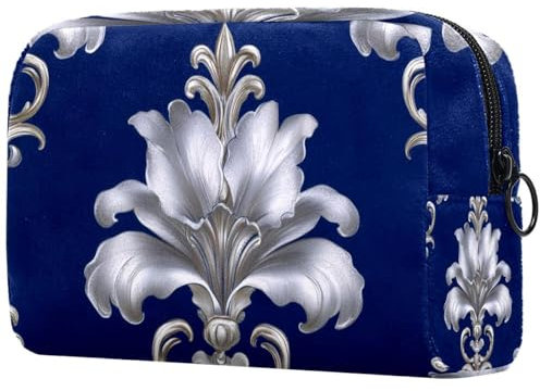 Trousse de maquillage pour femme - Motif lys royal sur fond bleu - Trousse de voyage à fermeture éclair - Organiseur de toilette portable pour adolescentes et filles, Multicolore 03., 18.5x7.5x13cm