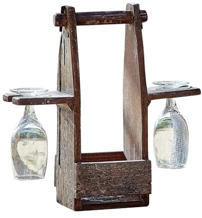 LOBERON Flaschenhalter mit Gläsern Préalon, Rustikaler Charakter, mit Praktischem Tragegriff, Küchenutensilien, Tischaccessoires, Salbaumholz, Glas, braun/klar