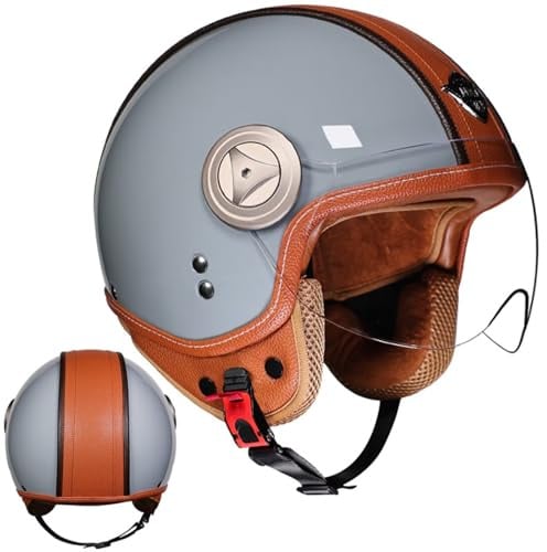 TIGLEMINS Casco Moto Retro Omologato DOT ECE, Casco 3/4 in Vera Pelle con Visiera Uomo, Donna, Stile Vintage Scooter per