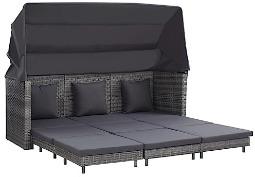 Bucmath Ausziehbares 3-Sitzer-Schlafsofa, Grau Poly Rattan, mit Dach, Verstellbar, für Garten, Terrasse, Outdoor Möbel Set, 200x75x70 cm