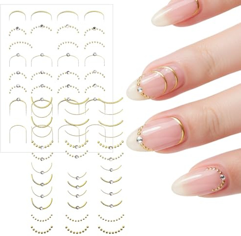 2 Stück Nagelsticker Gold mit Linien, 5D Relief French Aufkleber, Nagelsticker Selbstklebend mit Strass, French Nails Schablone Wellenlinien für Französische Maniküre Nagel Design Dekoration