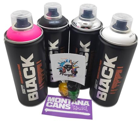 PROGAL COLORS Montana Black Peinture en aérosol pour graffiti, 400 ml, 4 couleurs (blanc, noir, fuchsia, chrome argenté), comprend 3 buses de rechange + 1 autocollant Montana Cans