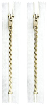 HAND® Brass Tone Metal and White Fabric Zipper for Dresses, Skirts, Blouses, Pants etc. - 15 cm Long - Pack of 2