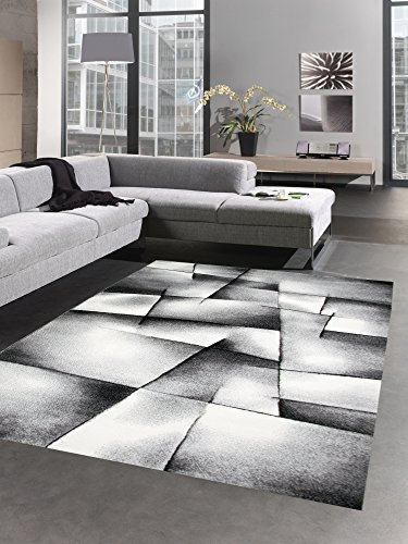 CARPETIA Moderner Teppich Kurzflor Wohnzimmerteppich Konturenschnitt karo abstrakt grau schwarz Weiss Größe 200 x 290 cm