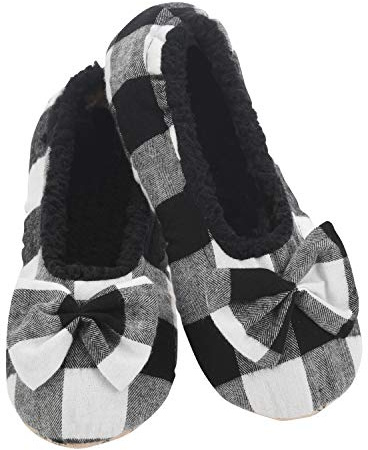 Snoozies Buffalo Plaid Ballerina Slippers for Women (Black, M)