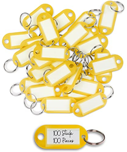 Wintex 100x Schlüsselanhänger beschriftbar - Strapazierfähige Schlüssel Anhänger mit Etiketten - Farbige Schlüsselanhänger zum Beschriften für Organisation oder Reisen - Gelb