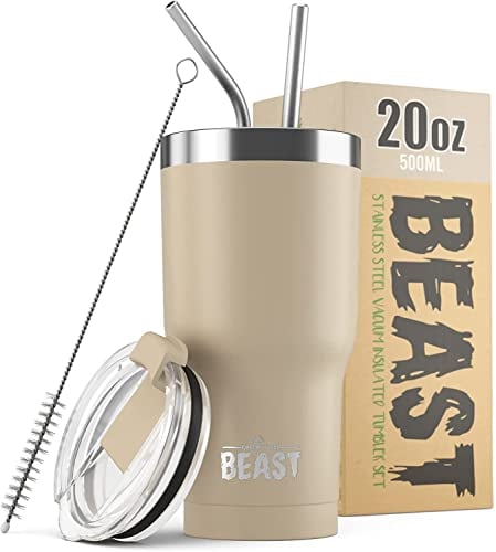 BEAST Mug Isotherme Cafe - 550ml I Sable I Acier Inoxydable I Réutilisable, Tasses Isothermes I 2 Pailles et Brosse Nettoyage I Thermos Cafés de Voyage Double Paroi I Café Chaud ou Glacé