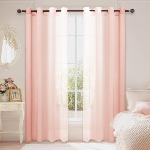 DWCN Lot de 2 Rideaux Transparents dégradés en Faux Lin – Rideaux Semi-Voile à œillets pour Chambre à Coucher et Salon, 132,1 x 213,4 cm de Long, Rose poudré dégradé