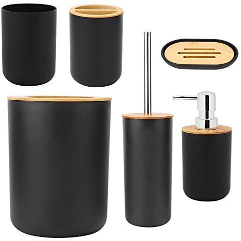 Bathroom & Sink Accessory Set with Bamboo Trim Modern Vanity Organiser Kit Include Tumbler, Toothbrush & Toilet Brush Holder, Lotion Dispenser, Soap Dish & Trash Bin Accessories Kit 6Pcs/Set (Black)