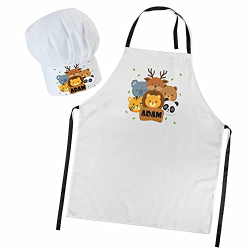 Gorro Cocinero + Delantal de Cocina para niños de niño Bebé de Cocina Ajustable con Velcro Gorro de Chef con Nombre/con Texto Animales [099]